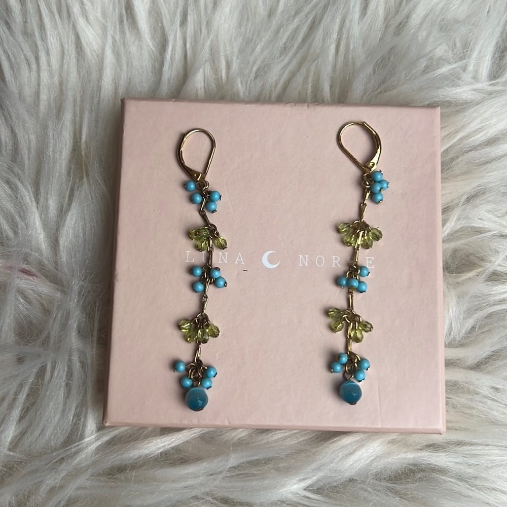 14k Gold filled Turquoise & Citron beaded dangle earrings - Picture 5 of 9